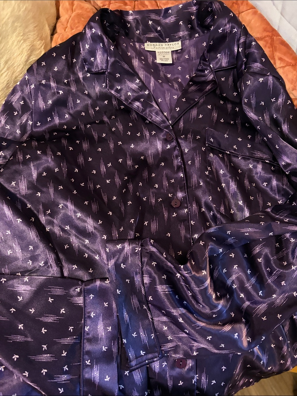 Morgan Taylor dark Purple Satin Pajama set with Tiny White Print